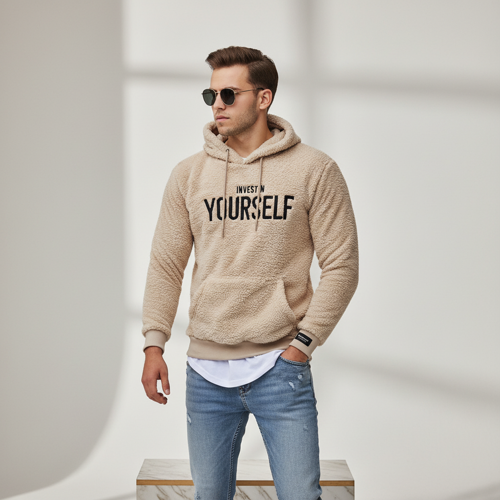 Hoodie voor heren - Comfortabele fleece hoodie van polyester - Beige/Zwart/Wit